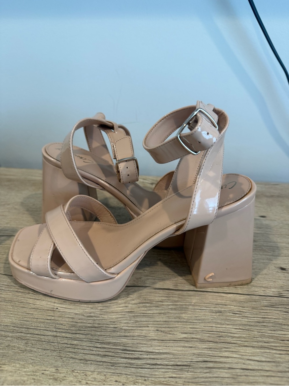 Circus Sam Edelman Kaitlyn Nude Patent Block Heel Sandals with Ankle Strap